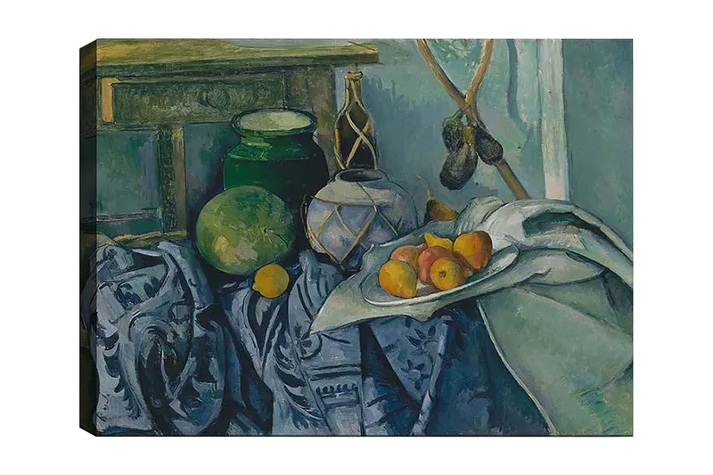 Lærred 70x100 cm - Stilleben med frugter og keramik på en dug, Grøn / Blå / Orange