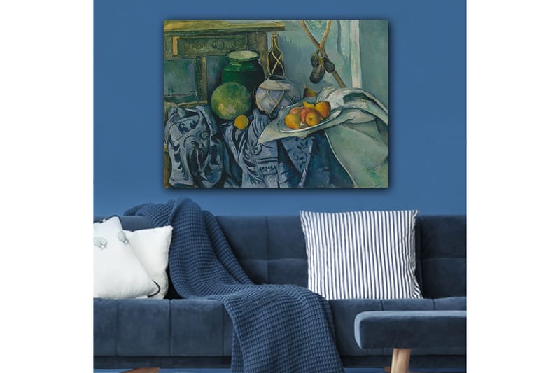 Lærred 70x100 cm - Stilleben med frugter og keramik på en dug - Grøn / Blå / Orange - Boligtilbehør - Billeder & kunst - Billeder på lærred