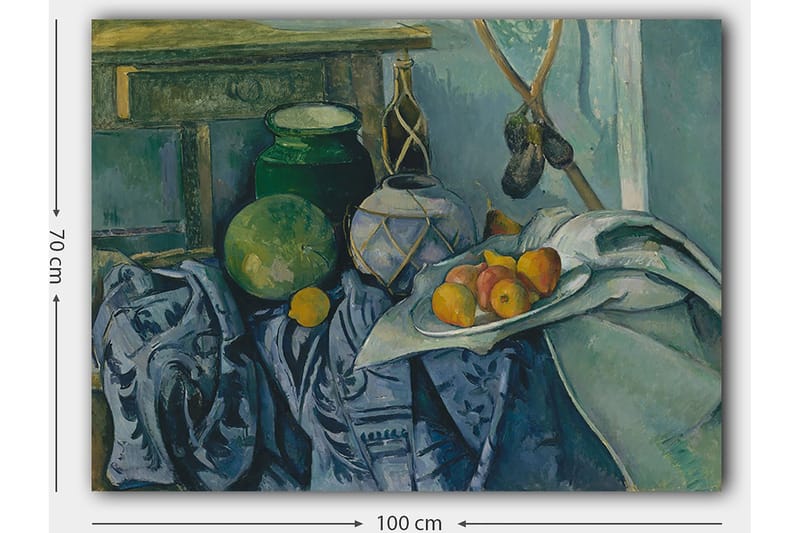 Lærred 70x100 cm - Stilleben med frugter og keramik på en dug - Grøn / Blå / Orange - Boligtilbehør - Billeder & kunst - Billeder på lærred