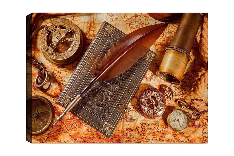 Lærred 70x100 cm - Stillkomposition af antikke navigationsværktøjer og en fjerpen på et gammelt kort, Mørkebrun / Guld / Orange