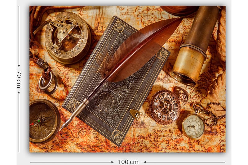 Lærred 70x100 cm - Stillkomposition af antikke navigationsværktøjer og en fjerpen på et gammelt kort - Mørkebrun / Guld / Orange - Boligtilbehør - Billeder & kunst - Billeder på lærred