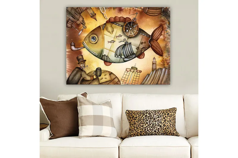 Lærred 70x100 cm - Stor, fantasifuld fisk med sejlbåde og et fyrtårn i drømmeagtige omgivelser, Brun / Grøn / Beige