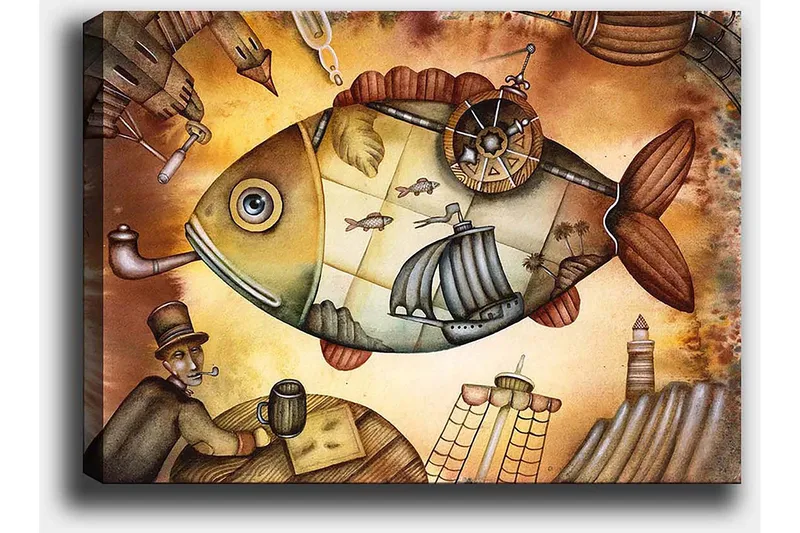 Lærred 70x100 cm - Stor, fantasifuld fisk med sejlbåde og et fyrtårn i drømmeagtige omgivelser - Brun / Grøn / Beige - Boligtilbehør - Billeder & kunst - Billeder på lærred
