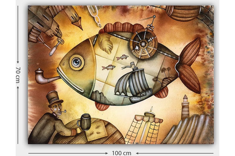 Lærred 70x100 cm - Stor, fantasifuld fisk med sejlbåde og et fyrtårn i drømmeagtige omgivelser - Brun / Grøn / Beige - Boligtilbehør - Billeder & kunst - Billeder på lærred