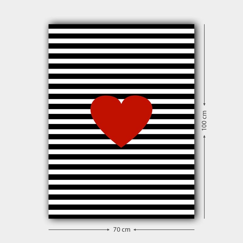 Lærred 70x100 cm - Stor rød hjerteform mod en baggrund af sorte og hvide striber - Rød / Sort / Hvid - Boligtilbehør - Billeder & kunst - Billeder på lærred
