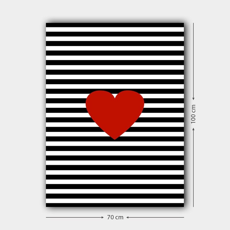 Lærred 70x100 cm - Stor rød hjerteform mod en baggrund af sorte og hvide striber - Rød / Sort / Hvid - Boligtilbehør - Billeder & kunst - Billeder på lærred