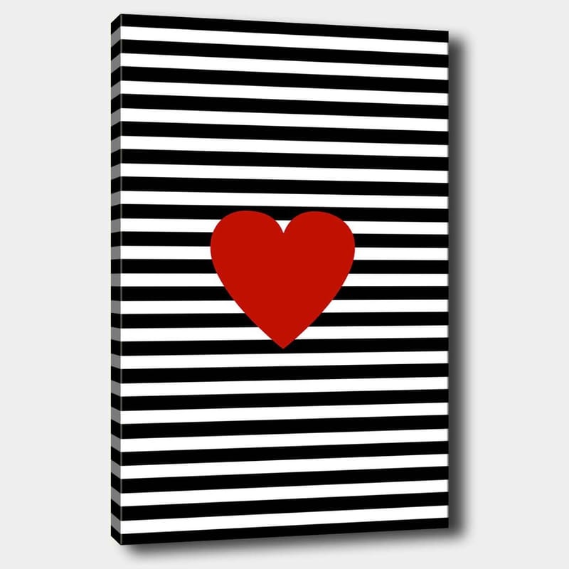 Lærred 70x100 cm - Stor rød hjerteform mod en baggrund af sorte og hvide striber, Rød / Sort / Hvid