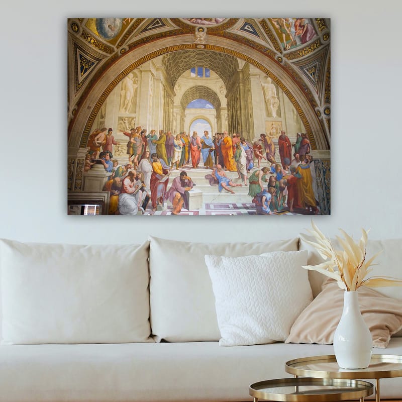 Lærred 70x100 cm - Stor samling af filosoffer og tænkere i en storslået arkitektonisk ramme - Blå / Rød / Beige - Boligtilbehør - Billeder & kunst - Billeder på lærred