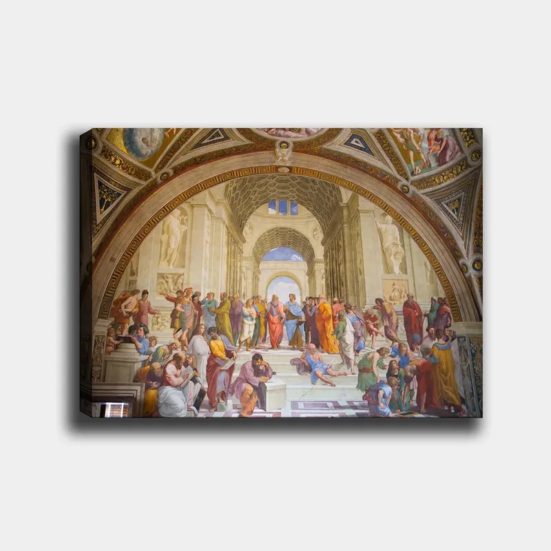 Lærred 70x100 cm - Stor samling af filosoffer og tænkere i en storslået arkitektonisk ramme, Blå / Rød / Beige