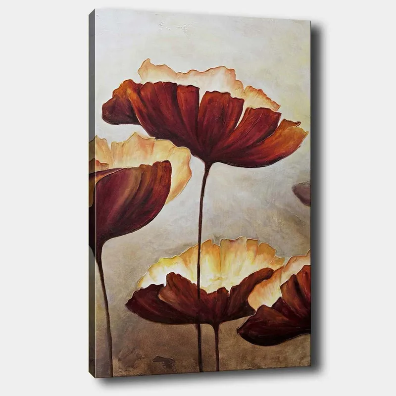 Lærred 70x100 cm - Store, stiliserede blomster i varme toner, Mørkerød / Cremet hvid