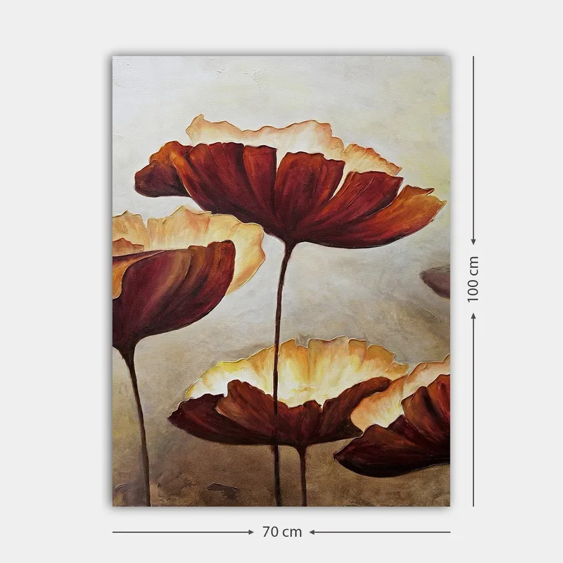 Lærred 70x100 cm - Store, stiliserede blomster i varme toner - Mørkerød / Cremet hvid - Boligtilbehør - Billeder & kunst - Billeder på lærred