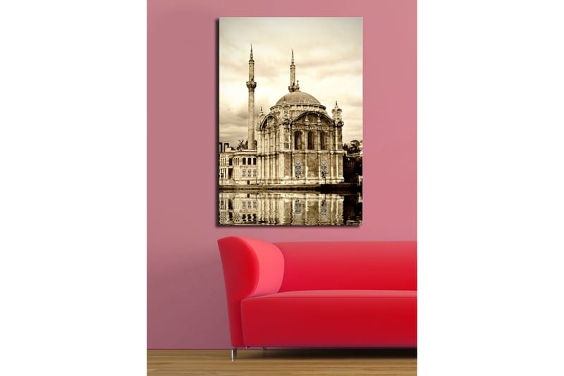 Lærred 70x100 cm - Storslået moské med kuppel og minareter spejlet i vandet, Beige / Brun / Sort