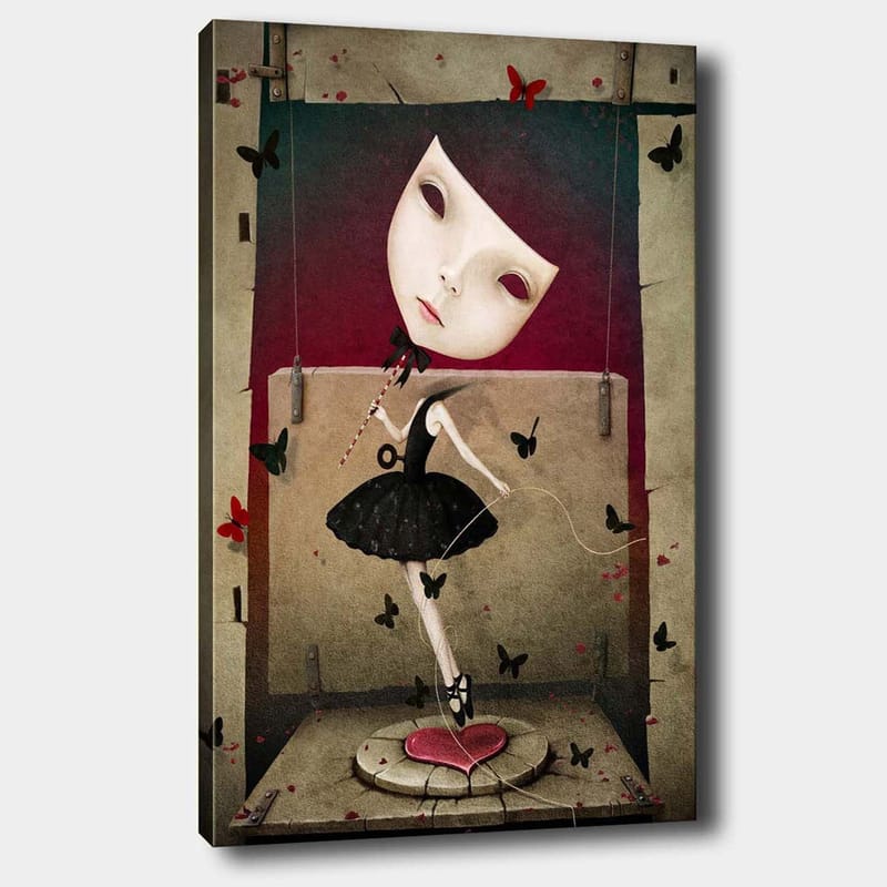 Lærred 70x100 cm - Surrealistisk ballerina med en stor, udtryksfuld ansigtsmaske, der danser blandt sommerfugle, Sort / Rød / Beige