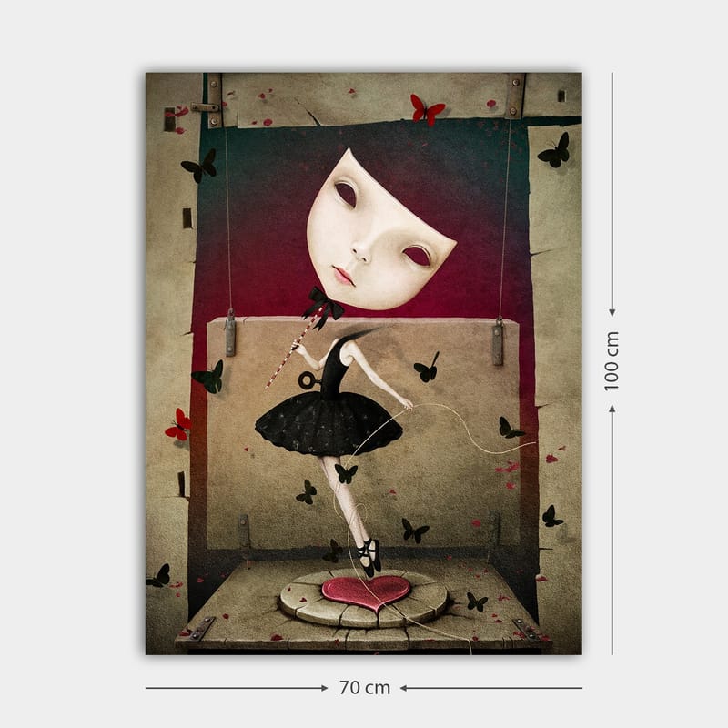 Lærred 70x100 cm - Surrealistisk ballerina med en stor, udtryksfuld ansigtsmaske, der danser blandt sommerfugle - Sort / Rød / Beige - Boligtilbehør - Billeder & kunst - Billeder på lærred