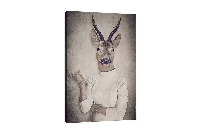 Lærred 70x100 cm - Surrealistisk billede af en mand med et hjortehoved, der gestikulerer med hånden, Beige / Grå / Brun