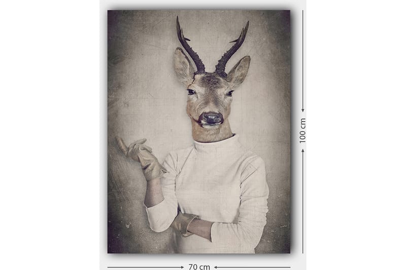 Lærred 70x100 cm - Surrealistisk billede af en mand med et hjortehoved, der gestikulerer med hånden - Beige / Grå / Brun - Boligtilbehør - Billeder & kunst - Billeder på lærred