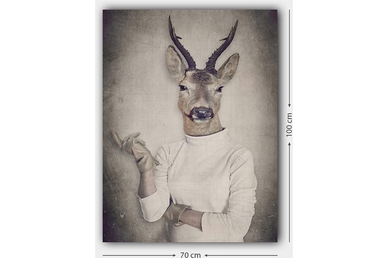 Lærred 70x100 cm - Surrealistisk billede af en mand med et hjortehoved, der gestikulerer med hånden - Beige / Grå / Brun - Boligtilbehør - Billeder & kunst - Billeder på lærred