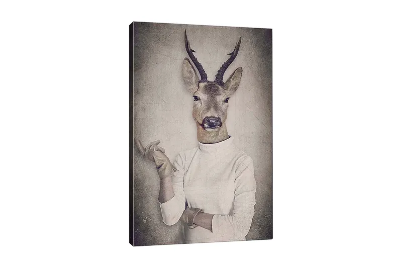 Lærred 70x100 cm - Surrealistisk billede af en mand med et hjortehoved, der gestikulerer med hånden, Beige / Grå / Brun