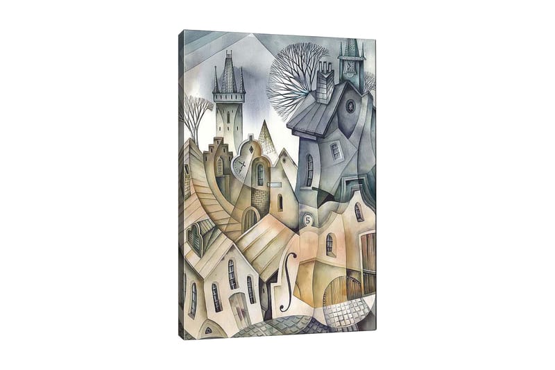 Lærred 70x100 cm - Surrealistisk bybillede med bølgende huse og tårne, der skaber en drømmeagtig atmosfære, Grå / Beige / Hvid