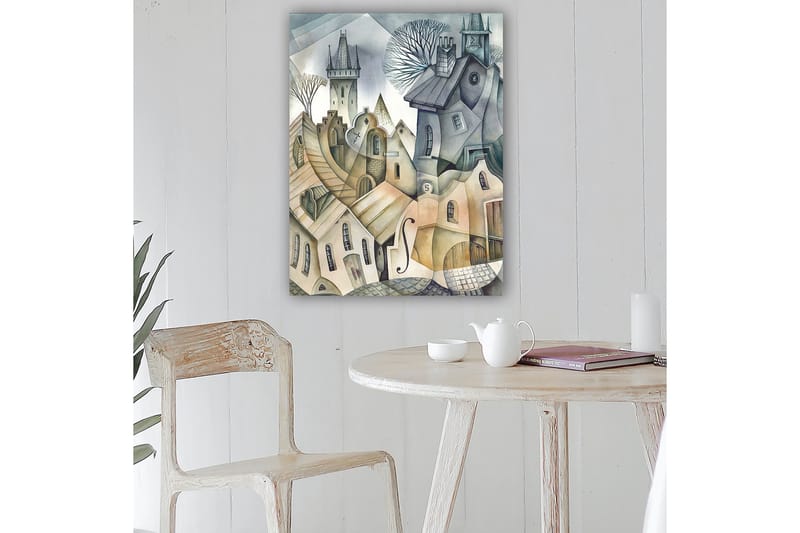 Lærred 70x100 cm - Surrealistisk bybillede med bølgende huse og tårne, der skaber en drømmeagtig atmosfære - Grå / Beige / Hvid - Boligtilbehør - Billeder & kunst - Billeder på lærred