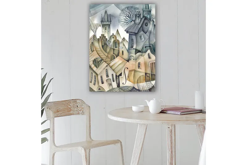 Lærred 70x100 cm - Surrealistisk bybillede med bølgende huse og tårne, der skaber en drømmeagtig atmosfære - Grå / Beige / Hvid - Boligtilbehør - Billeder & kunst - Billeder på lærred