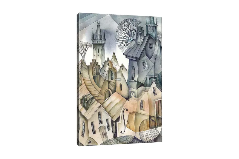Lærred 70x100 cm - Surrealistisk bybillede med bølgende huse og tårne, der skaber en drømmeagtig atmosfære, Grå / Beige / Hvid
