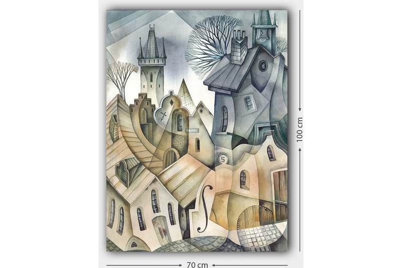 Lærred 70x100 cm - Surrealistisk bybillede med bølgende huse og tårne, der skaber en drømmeagtig atmosfære - Grå / Beige / Hvid - Boligtilbehør - Billeder & kunst - Billeder på lærred