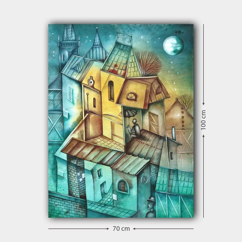 Lærred 70x100 cm - Surrealistisk bybillede med farverige huse og en person siddende på taget under en parasol - Grøn / Gul / Blå - Boligtilbehør - Billeder & kunst - Billeder på lærred