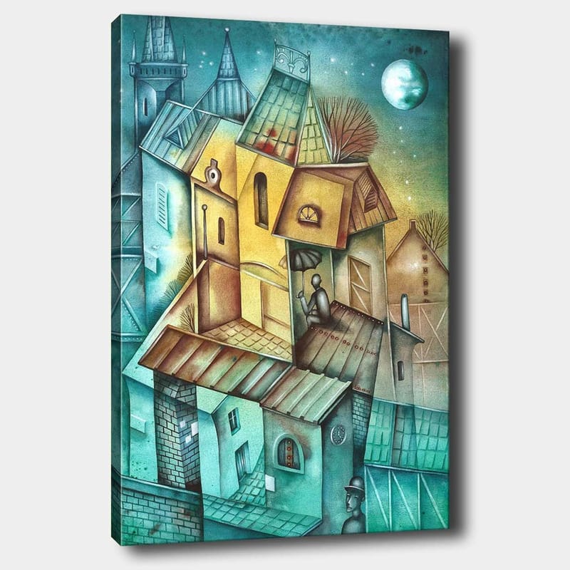 Lærred 70x100 cm - Surrealistisk bybillede med farverige huse og en person siddende på taget under en parasol, Grøn / Gul / Blå