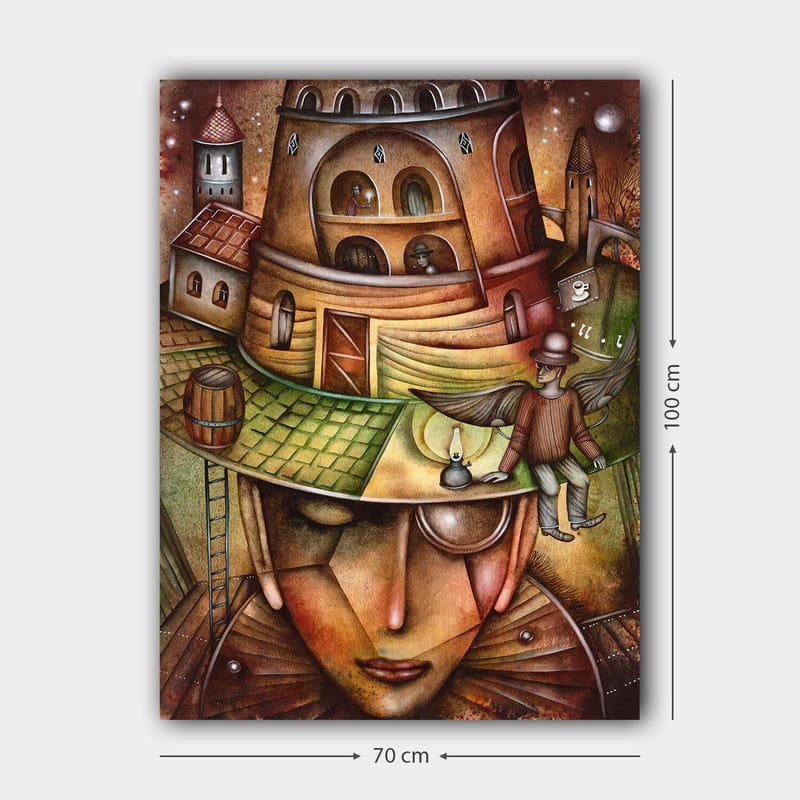 Lærred 70x100 cm - Surrealistisk komposition med en stor, ansigtslignende figur iført en hat med en bygning og en vinget figur på toppen - Brun / Grøn / Beige - Boligtilbehør - Billeder & kunst - Billeder på lærred