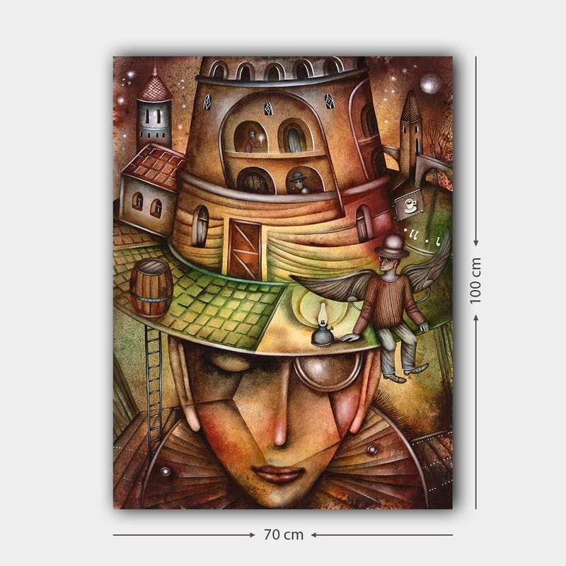 Lærred 70x100 cm - Surrealistisk komposition med en stor, ansigtslignende figur iført en hat med en bygning og en vinget figur på toppen - Brun / Grøn / Beige - Boligtilbehør - Billeder & kunst - Billeder på lærred