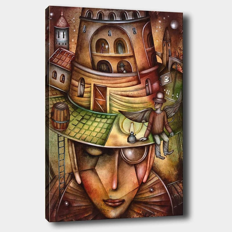 Lærred 70x100 cm - Surrealistisk komposition med en stor, ansigtslignende figur iført en hat med en bygning og en vinget figur på toppen, Brun / Grøn / Beige