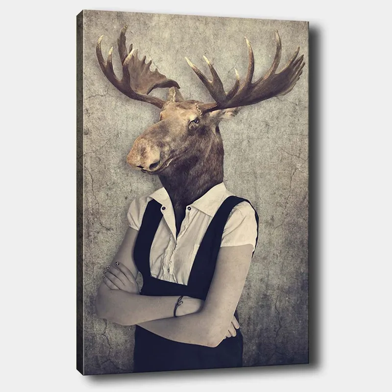 Lærred 70x100 cm - Surrealistisk komposition med en person med et elghov, klædt i en hvid skjorte og sorte overalls, Brun / Hvid / Sort