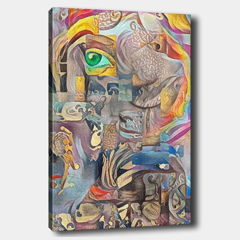 Lærred 70x100 cm - Surrealistisk komposition med et øje og abstrakte former, der skaber en drømmeagtig atmosfære - Grøn / Beige / Rød - Boligtilbehør - Billeder & kunst - Billeder på lærred