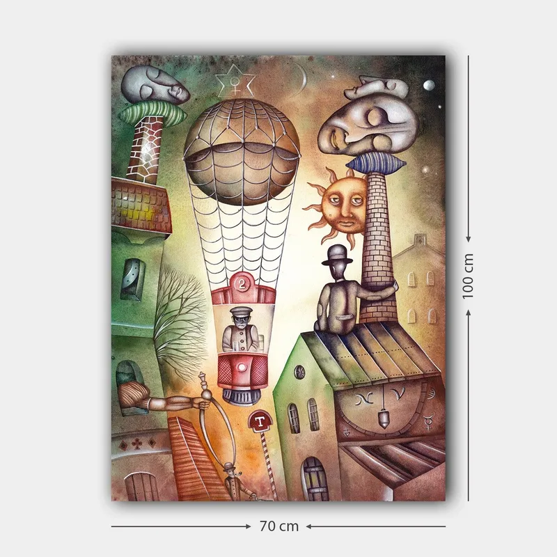 Lærred 70x100 cm - Surrealistisk scene med en varmluftballon, der svæver over en by med karakteristiske bygninger og figurer - Grøn / Brun / Beige - Boligtilbehør - Billeder & kunst - Billeder på lærred