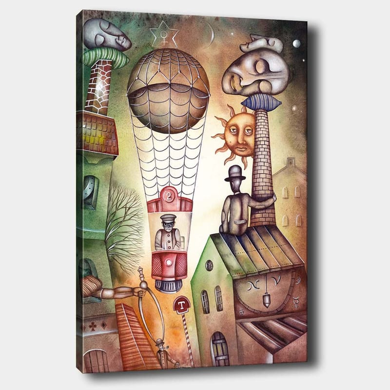 Lærred 70x100 cm - Surrealistisk scene med en varmluftballon, der svæver over en by med karakteristiske bygninger og figurer, Grøn / Brun / Beige