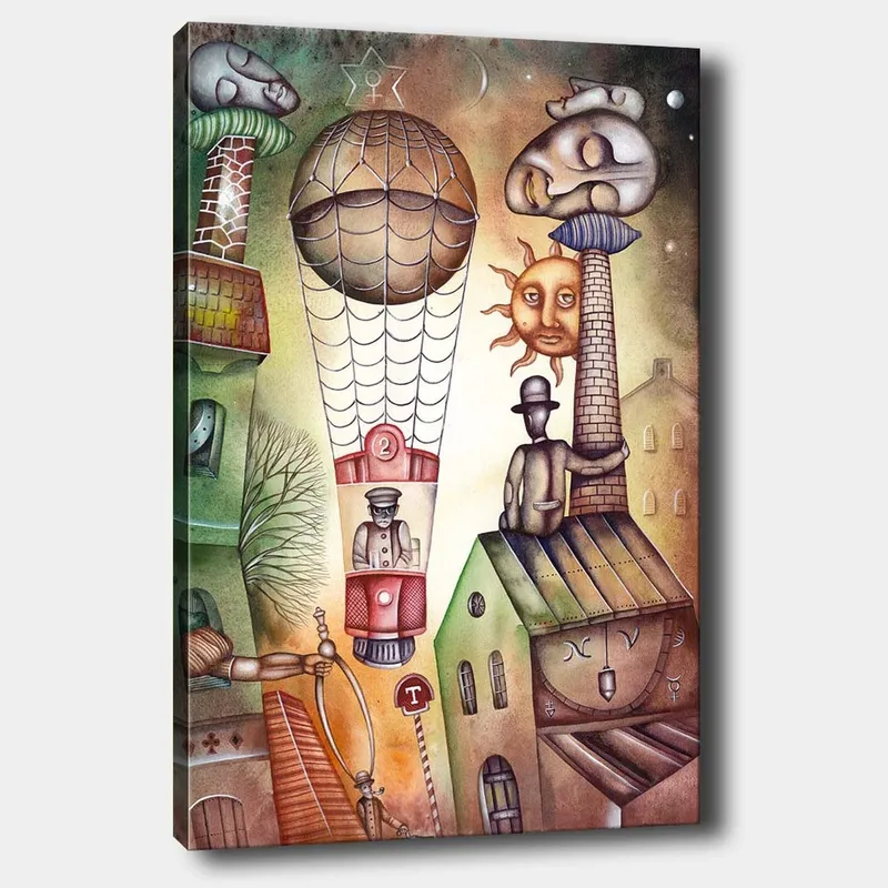 Lærred 70x100 cm - Surrealistisk scene med en varmluftballon, der svæver over en by med karakteristiske bygninger og figurer, Grøn / Brun / Beige