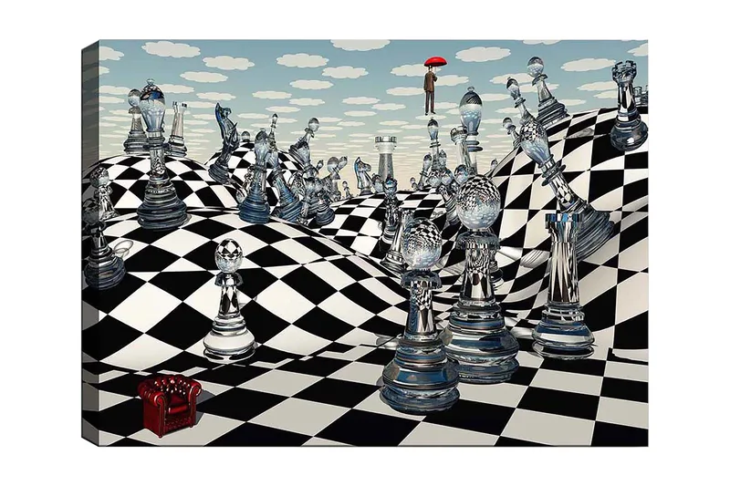 Lærred 70x100 cm - Surrealistisk skakbræt med gennemsigtige skakbrikker, der strækker sig over det bølgende landskab, Sort / Hvid / Gennemsigtig