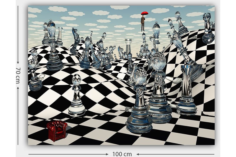 Lærred 70x100 cm - Surrealistisk skakbræt med gennemsigtige skakbrikker, der strækker sig over det bølgende landskab - Sort / Hvid / Gennemsigtig - Boligtilbehør - Billeder & kunst - Billeder på lærred