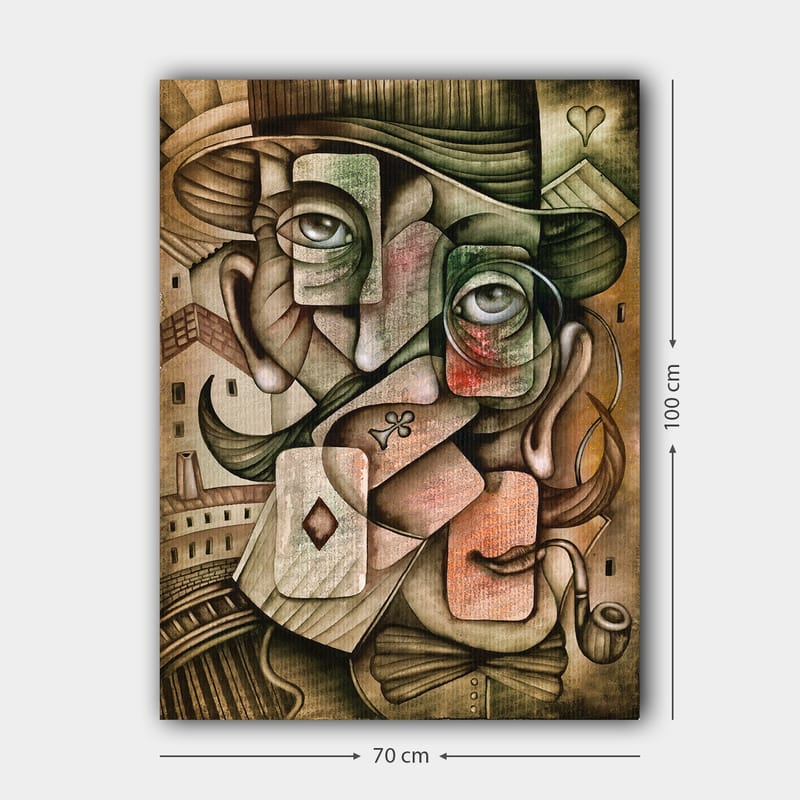 Lærred 70x100 cm - Surrealistisk portrætkomposition med to ansigter og spillekortelementer - Grøn / Brun / Rød - Boligtilbehør - Billeder & kunst - Billeder på lærred