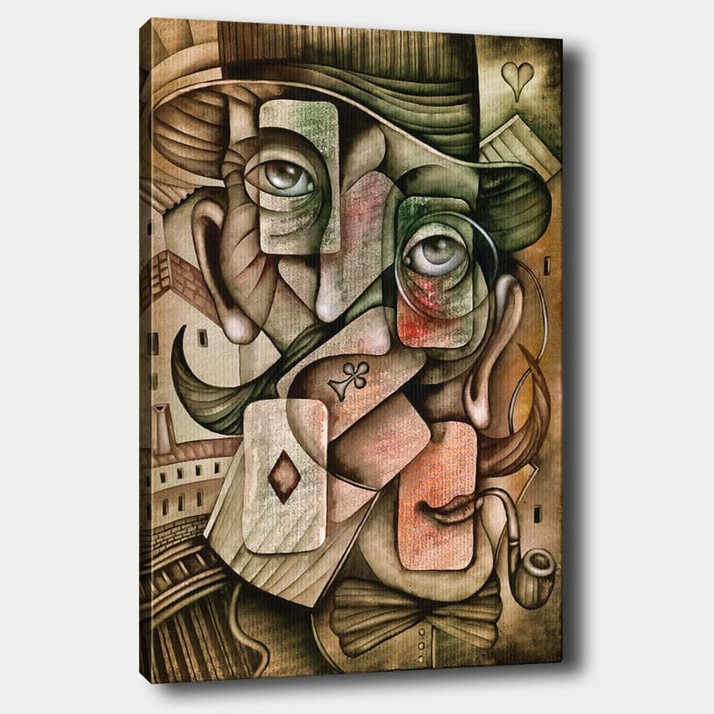 Lærred 70x100 cm - Surrealistisk portrætkomposition med to ansigter og spillekortelementer, Grøn / Brun / Rød