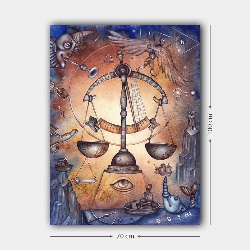 Lærred 70x100 cm - Symbolsk skala, der repræsenterer balance, omgivet af forskellige elementer, der repræsenterer livets kompleksitet - Guld / Blå / Brun - Boligtilbehør - Billeder & kunst - Billeder på lærred