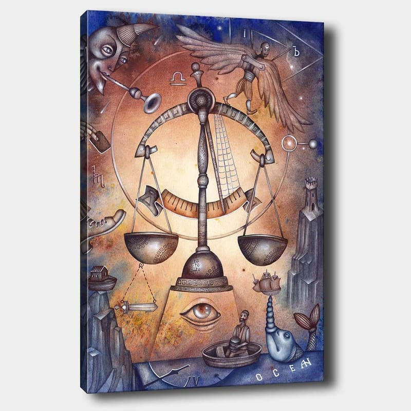 Lærred 70x100 cm - Symbolsk skala, der repræsenterer balance, omgivet af forskellige elementer, der repræsenterer livets kompleksitet - Guld / Blå / Brun - Boligtilbehør - Billeder & kunst - Billeder på lærred