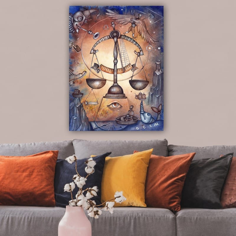 Lærred 70x100 cm - Symbolsk skala, der repræsenterer balance, omgivet af forskellige elementer, der repræsenterer livets kompleksitet, Guld / Blå / Brun