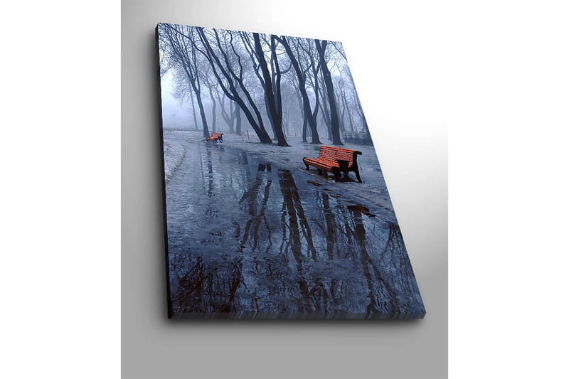 Lærred 70x100 cm - Tåget park med to orange bænke omgivet af kolde, bare træer - Orange / Blå / Grå - Boligtilbehør - Billeder & kunst - Billeder på lærred