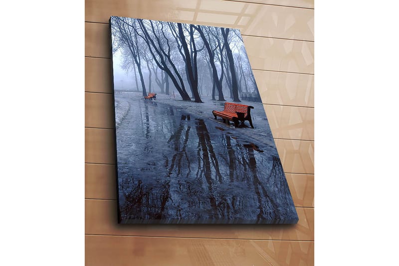 Lærred 70x100 cm - Tåget park med to orange bænke omgivet af kolde, bare træer - Orange / Blå / Grå - Boligtilbehør - Billeder & kunst - Billeder på lærred