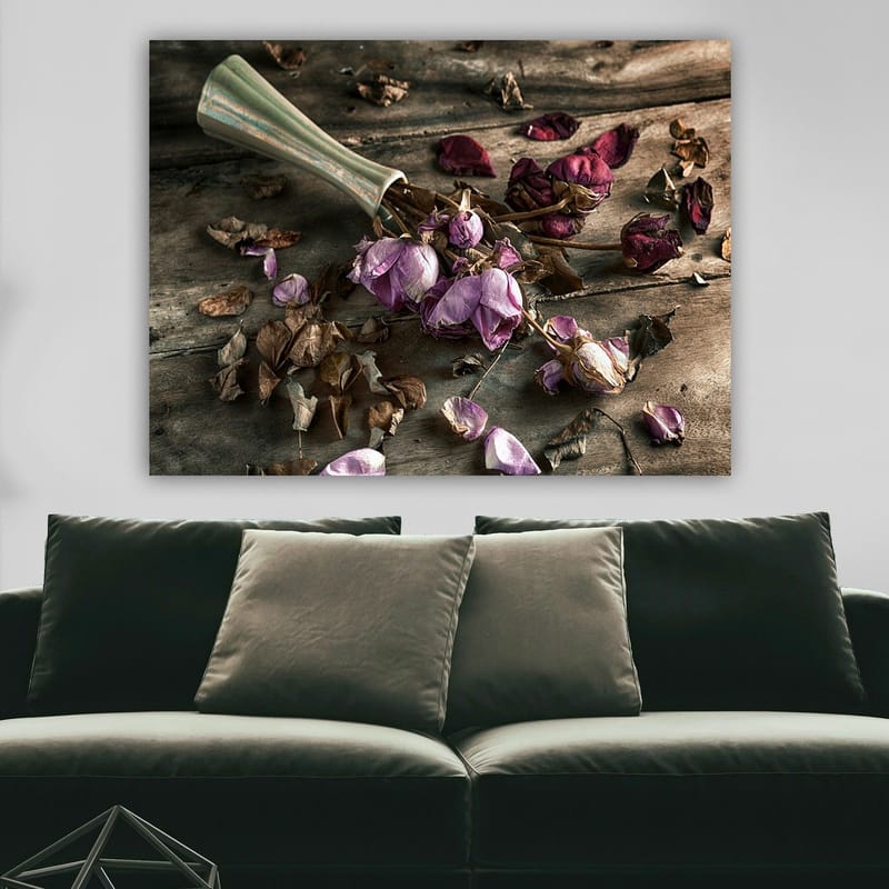 Lærred 70x100 cm - Tørrede roser og blade i en smuk komposition - Lilla / Brun / Grøn - Boligtilbehør - Billeder & kunst - Billeder på lærred