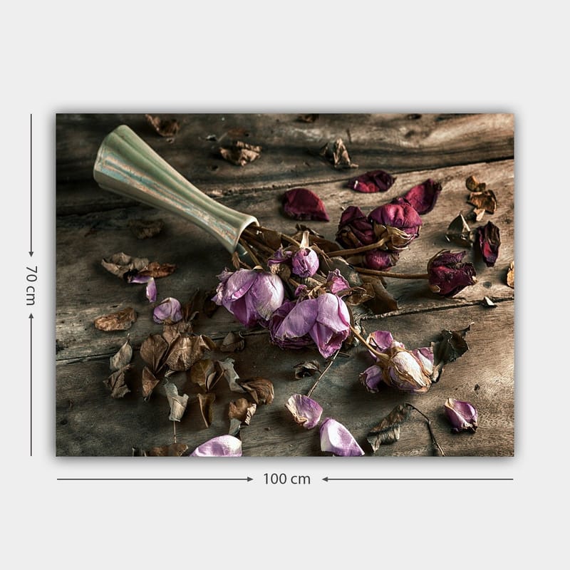 Lærred 70x100 cm - Tørrede roser og blade i en smuk komposition - Lilla / Brun / Grøn - Boligtilbehør - Billeder & kunst - Billeder på lærred