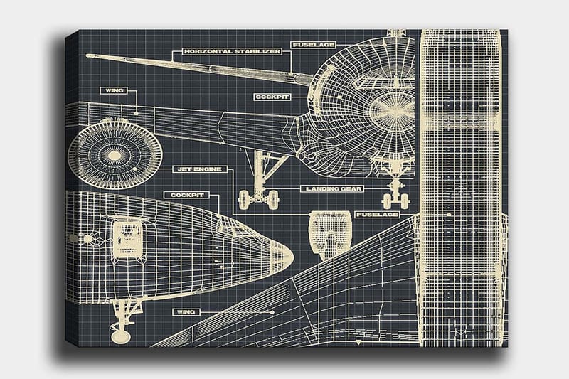 Lærred 70x100 cm - Teknisk tegning af et fly med detaljerede komponenter - Mørkeblå / Lys beige - Boligtilbehør - Billeder & kunst - Billeder på lærred