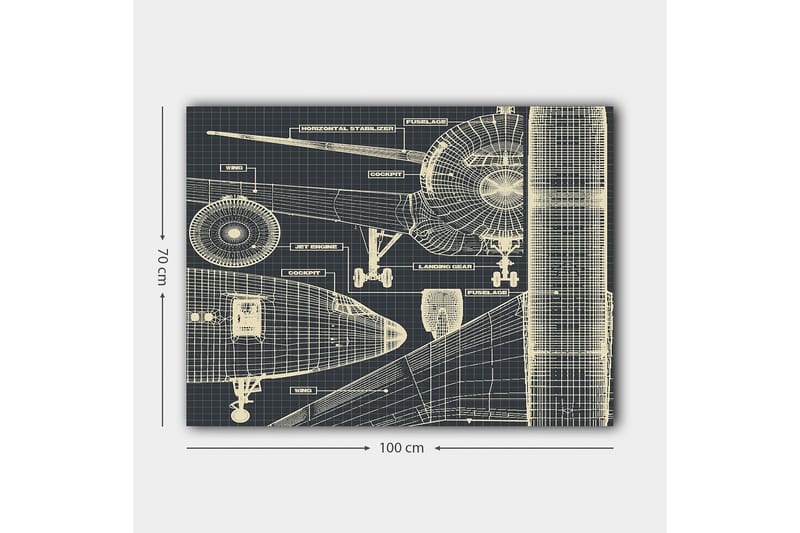 Lærred 70x100 cm - Teknisk tegning af et fly med detaljerede komponenter - Mørkeblå / Lys beige - Boligtilbehør - Billeder & kunst - Billeder på lærred